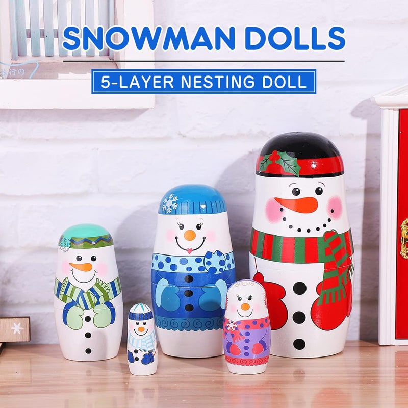Russian Nesting Dolls 5Pcs - Handmade Wooden Christmas Nesting Dolls Gift Set for Kids - Matryoshka Nesting Dolls Decoration for Christmas, Birthday Toy, Party Decor (Snowman) - Image 5