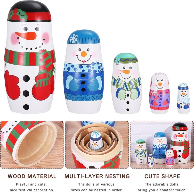 Russian Nesting Dolls 5Pcs - Handmade Wooden Christmas Nesting Dolls Gift Set for Kids - Matryoshka Nesting Dolls Decoration for Christmas, Birthday Toy, Party Decor (Snowman) - Image 2