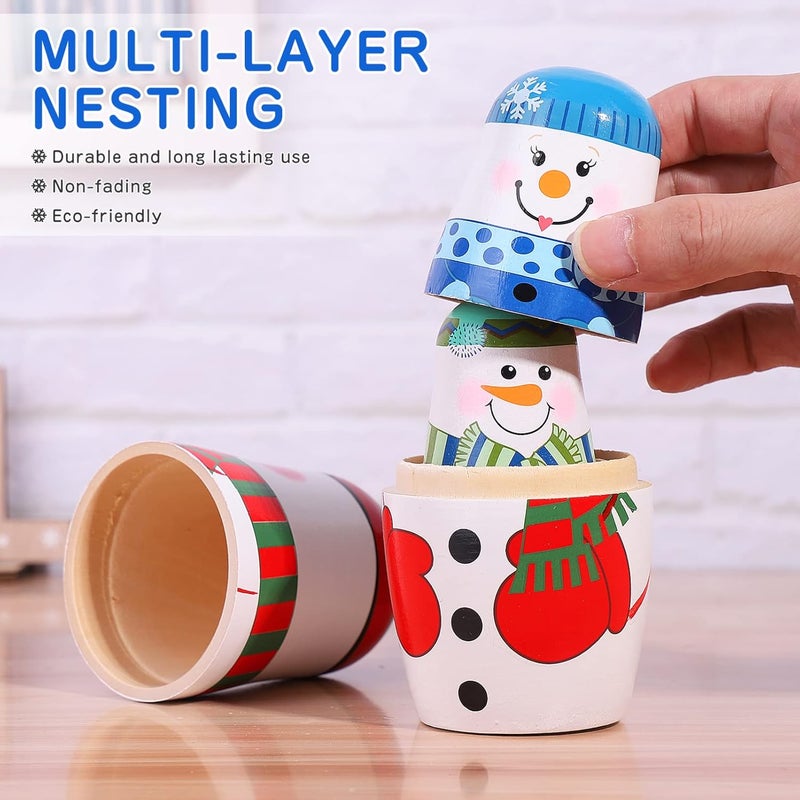 Russian Nesting Dolls 5Pcs - Handmade Wooden Christmas Nesting Dolls Gift Set for Kids - Matryoshka Nesting Dolls Decoration for Christmas, Birthday Toy, Party Decor (Snowman) - Image 3