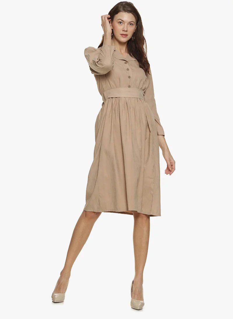 كامبوس سوترا فستان ميدي نسائي بحزام لون بيج كاكي