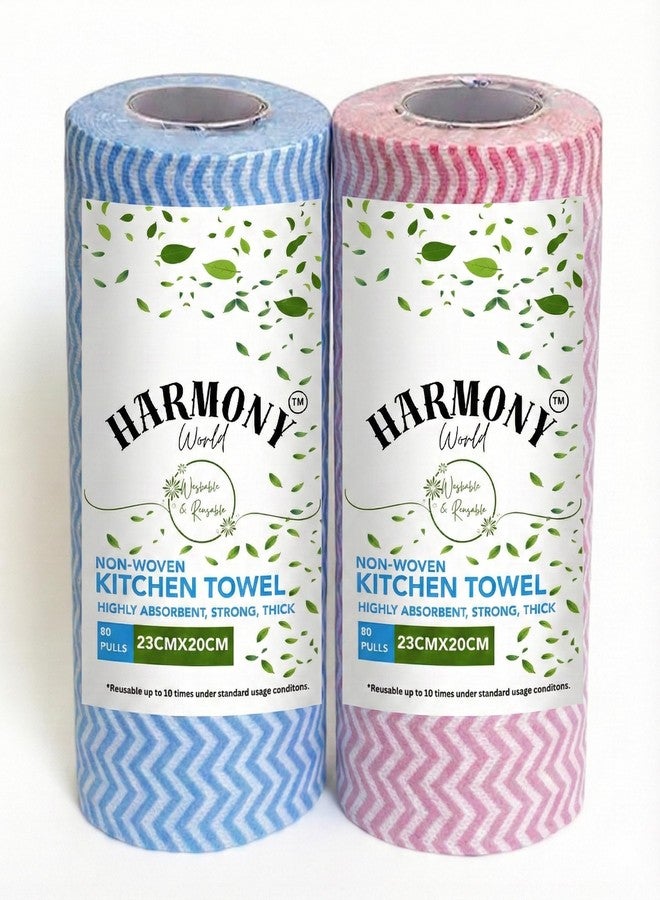 Harmony world Reusable Kitchen Towel Roll (Pack of 2, 160 Sheets) Washable Non Woven Tissue - Absorbent Lint-Free Cleaning Cloth Roll for Home & Kitchen - Red & Blue Wet Dry Wipes - Image 1