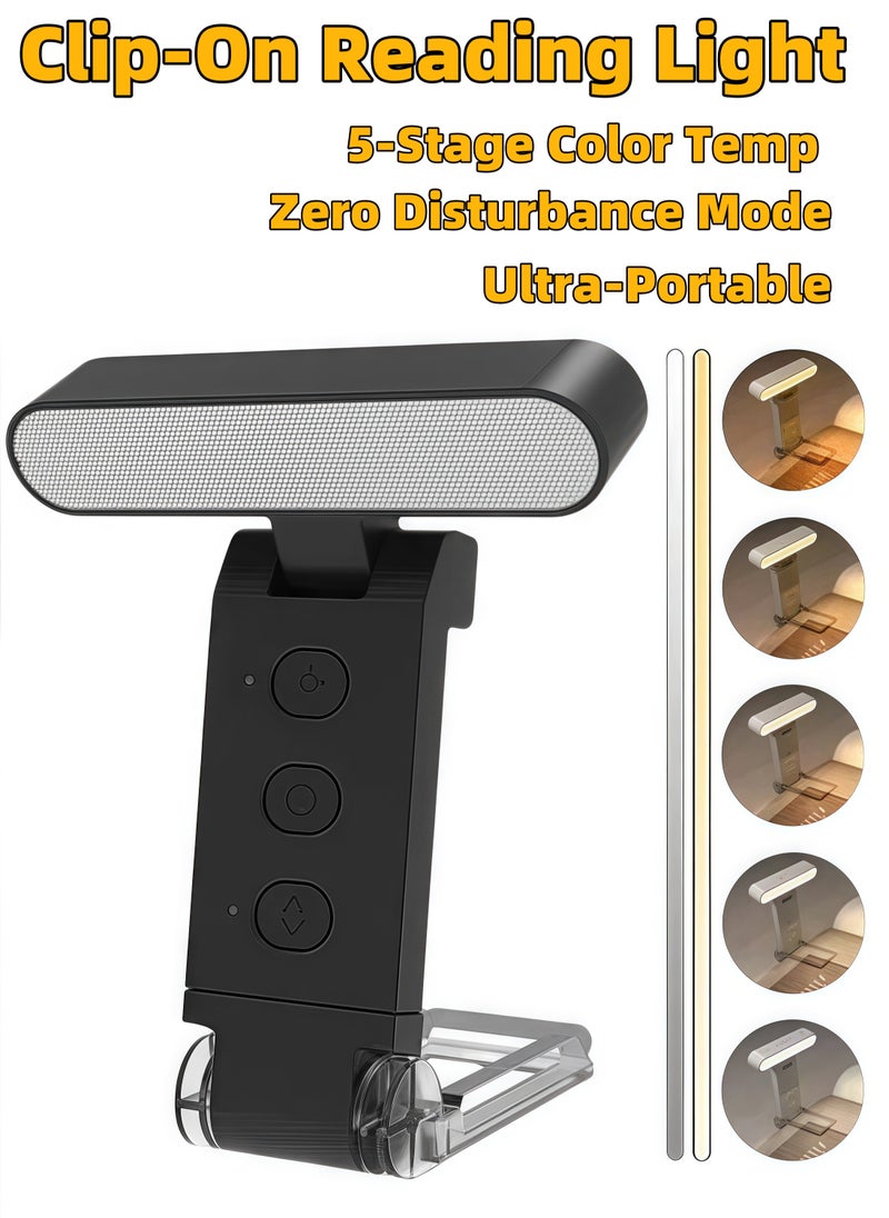 Black USB Rechargeable Clip Reading Light 6 Adjustable Brightness 5 Color LED Portable Foldable Book Light