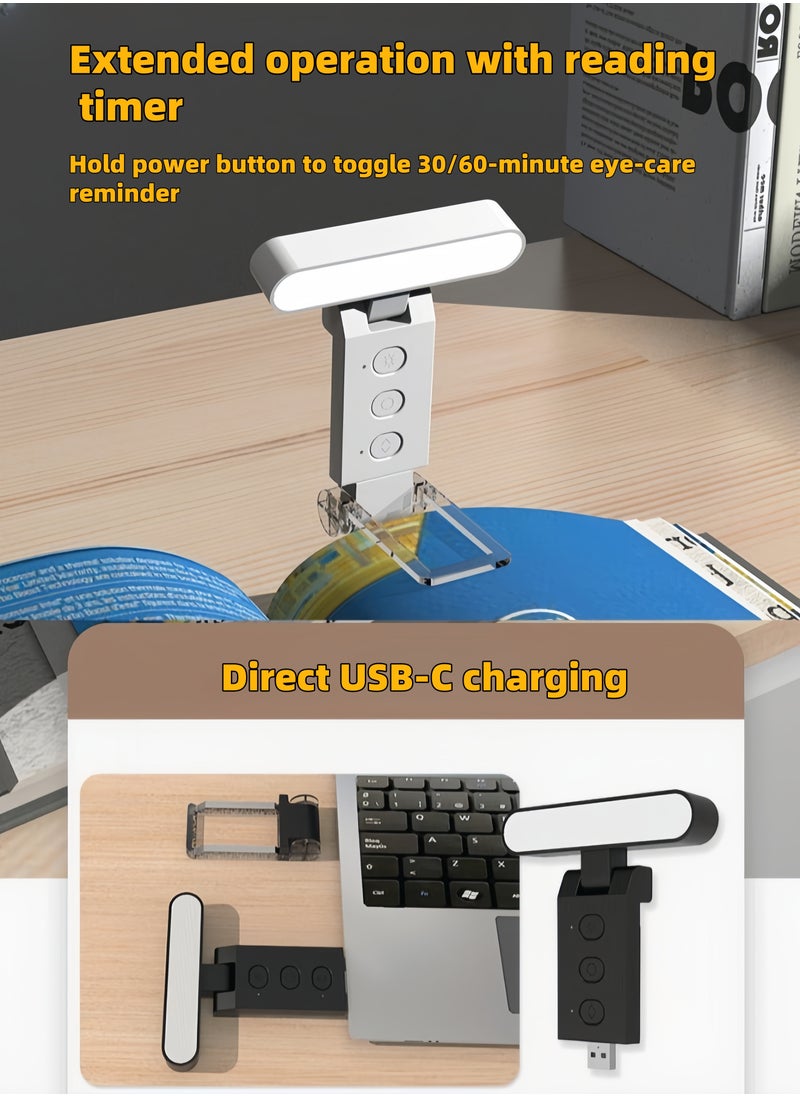 Black USB Rechargeable Clip Reading Light 6 Adjustable Brightness 5 Color LED Portable Foldable Book Light