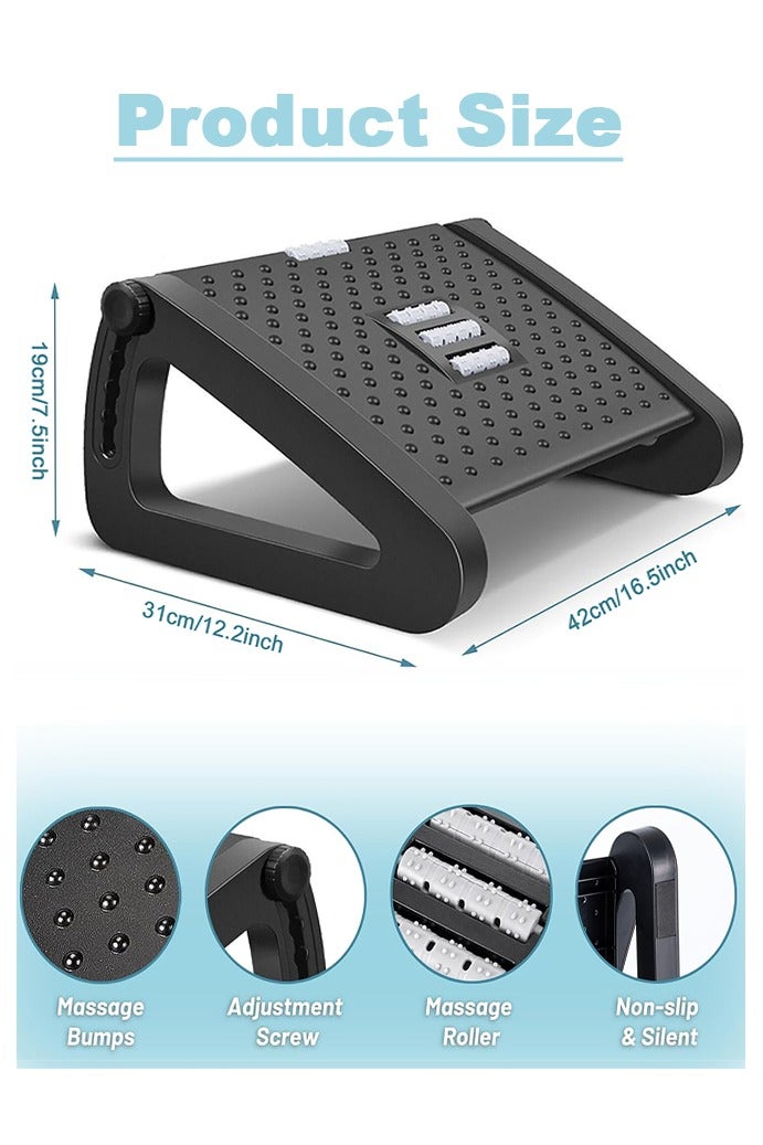 Foot Rest Under Desk, 6 Heights Adjustable Foot Stool, Portable Under Desk Footrest with Roller Massager, Relieves Leg Pressure Improves Posture for Office Home and School - Black - Image 2