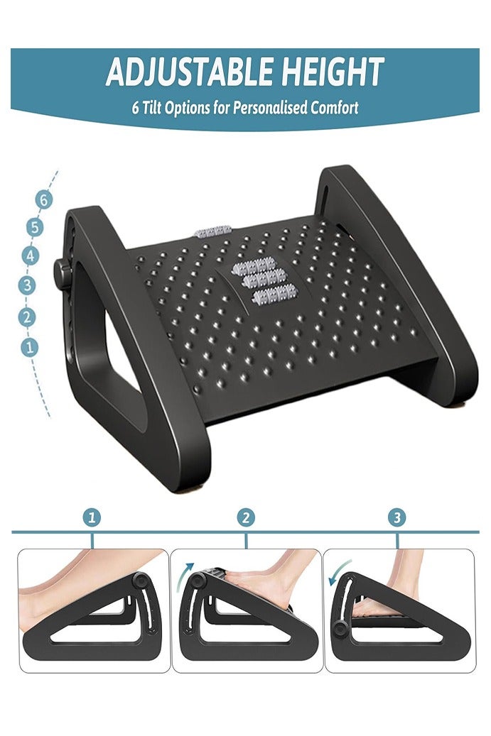 Foot Rest Under Desk, 6 Heights Adjustable Foot Stool, Portable Under Desk Footrest with Roller Massager, Relieves Leg Pressure Improves Posture for Office Home and School - Black - Image 3