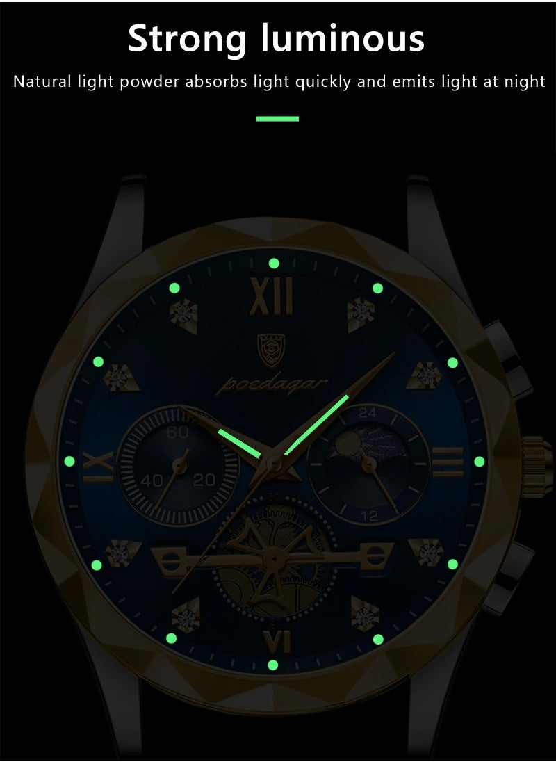 POEDAGAR Luxury Men Wristwatch, Classic And Fashionable Quartz Watch, Waterproof Luminous Chronograph Watch, Business Style Stainless Steel Wrist Watch For Men, (Gold White)  - Image 5