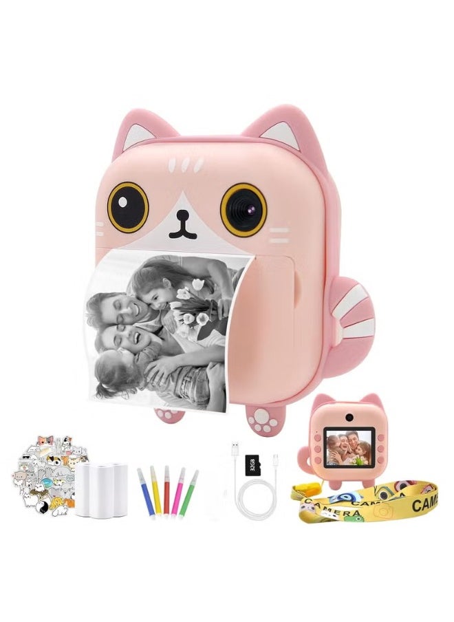 Product Title: 48MP Children's Camera with Instant Print, Cat-Shaped Design, 2.4-inch Screen, Dual Lens, 1080P HD Video, 32GB TF Card – Perfect Gift for Kids Ages 3-14 (Pink)  - Image 1