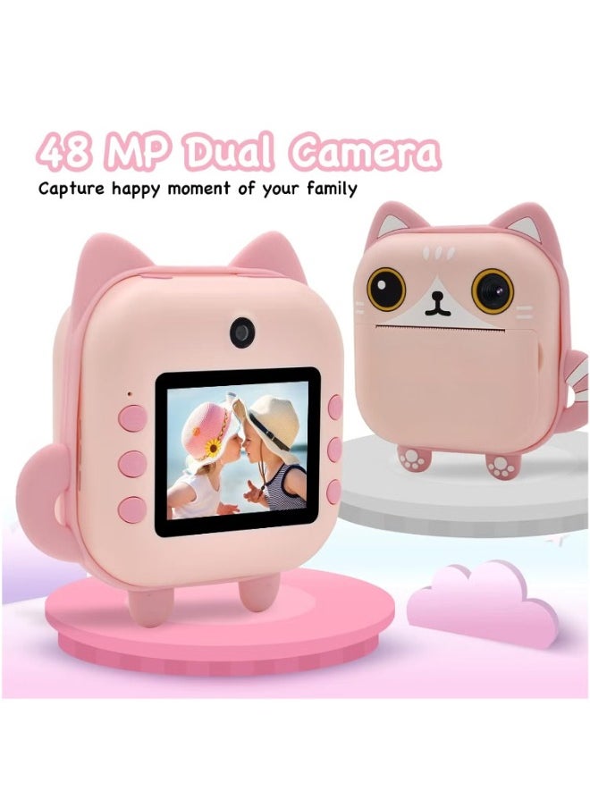 Product Title: 48MP Children's Camera with Instant Print, Cat-Shaped Design, 2.4-inch Screen, Dual Lens, 1080P HD Video, 32GB TF Card – Perfect Gift for Kids Ages 3-14 (Pink)  - Image 2
