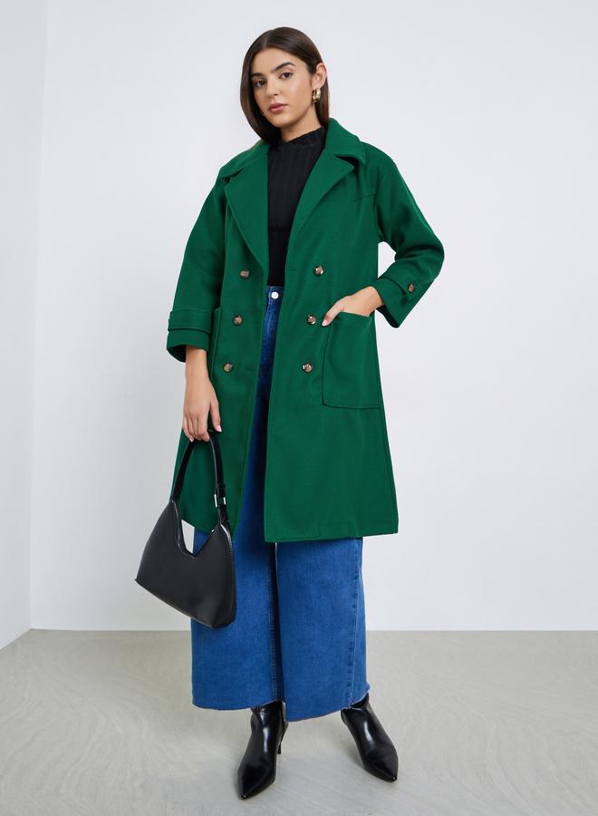 Take Two Dark Green Double Breasted Wool Like Coat with Pocket Detail - Image 1
