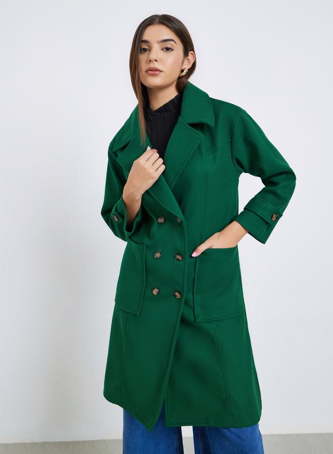 Take Two Dark Green Double Breasted Wool Like Coat with Pocket Detail - Image 2