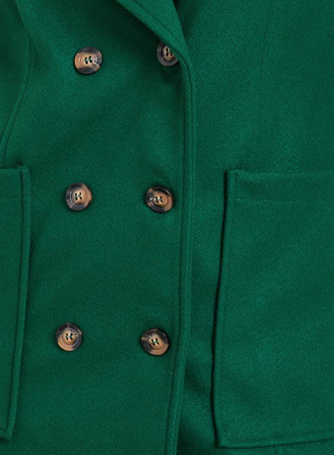 Take Two Dark Green Double Breasted Wool Like Coat with Pocket Detail - Image 3