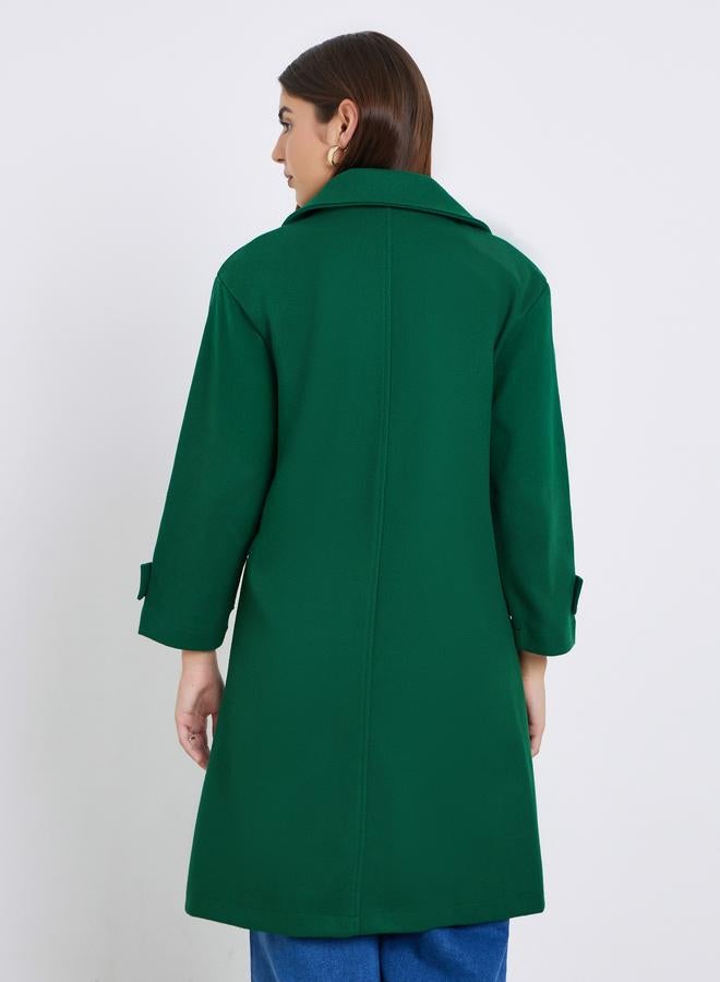 Take Two Dark Green Double Breasted Wool Like Coat with Pocket Detail - Image 4