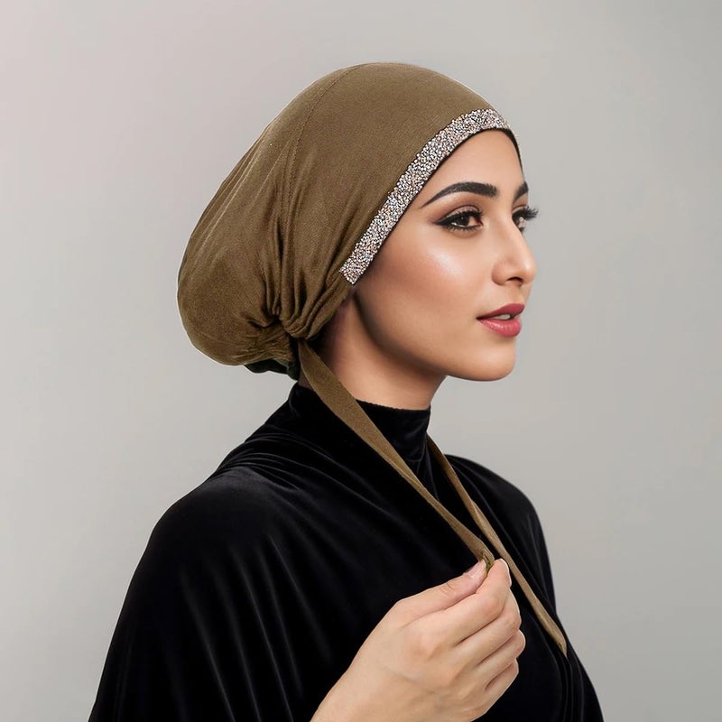 PURFUN 2 Pcs Muslim Inner Hijab Caps Women Girls Stretchy Breathable Full Cover Undercap Tube Bonnet Under Scarf Hats Beanie (Black+Khaki/2pcs) - Image 4