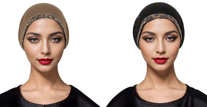 PURFUN 2 Pcs Muslim Inner Hijab Caps Women Girls Stretchy Breathable Full Cover Undercap Tube Bonnet Under Scarf Hats Beanie (Black+Khaki/2pcs) - Image 3