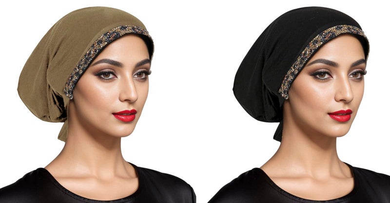 PURFUN 2 Pcs Muslim Inner Hijab Caps Women Girls Stretchy Breathable Full Cover Undercap Tube Bonnet Under Scarf Hats Beanie (Black+Khaki/2pcs) - Image 2