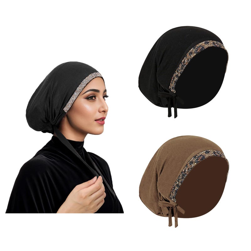 PURFUN 2 Pcs Muslim Inner Hijab Caps Women Girls Stretchy Breathable Full Cover Undercap Tube Bonnet Under Scarf Hats Beanie (Black+Khaki/2pcs) - Image 1