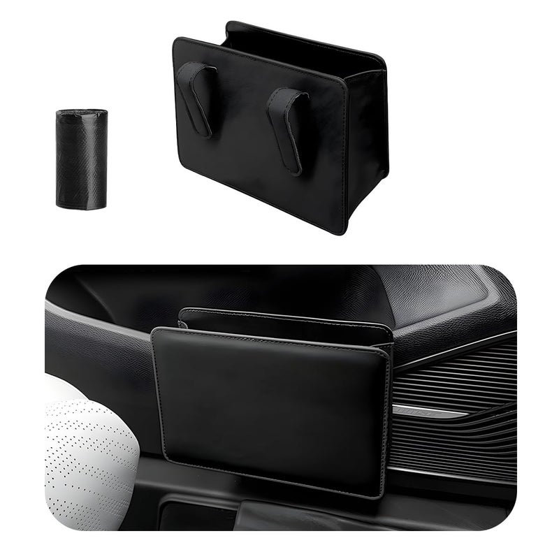 Yourkar Car Trash Can, Foldable Waterproof Leather Car Garbage Organizer Holder, Automotive Mini Dustbin Container with One Roll Trash Bag, Universal Interior Car Accessories (Black) - Image 1
