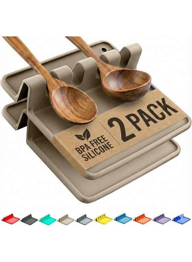Cooler Kitchen Cream Silicone Spoon Rest for Stove Top with Drip Pad (Two Pack) - Heat-Resistant, BPA-Free Utensil Rest & Spoon Holder for Kitchen Counter - Grill Utensil Holder for Spatulas, Tongs, Ladles - Image 1