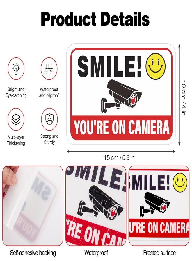 LUHIMO 6PCS Smile Your On Camera Sign Sticker, Self-Adhesive Waterproof Red Security Camera Sign,You Are Being Recorded for Home, Office, Shop, Door（5.9" x 3.9"） - Image 2