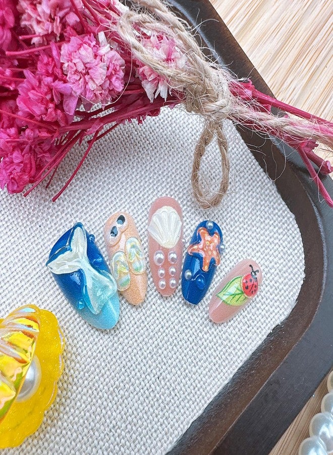 FDSQHSA 30pcs Summer Beach Press on Nails Medium Almond Fake Nails with 3D Fish Tail Coconut Trees Shell Starfish Flower Design Cute False Nails French Artificial Nails Full Cover Stick on Nails for Women - Image 3