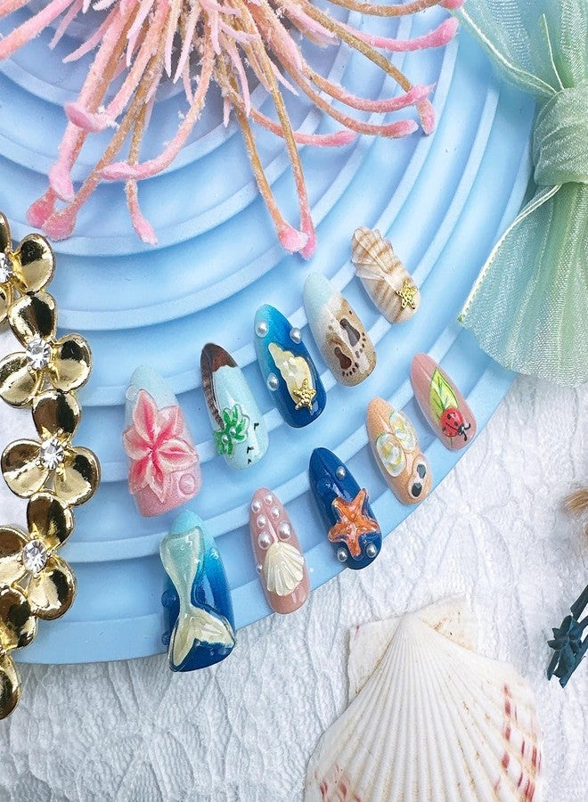 FDSQHSA 30pcs Summer Beach Press on Nails Medium Almond Fake Nails with 3D Fish Tail Coconut Trees Shell Starfish Flower Design Cute False Nails French Artificial Nails Full Cover Stick on Nails for Women - Image 2