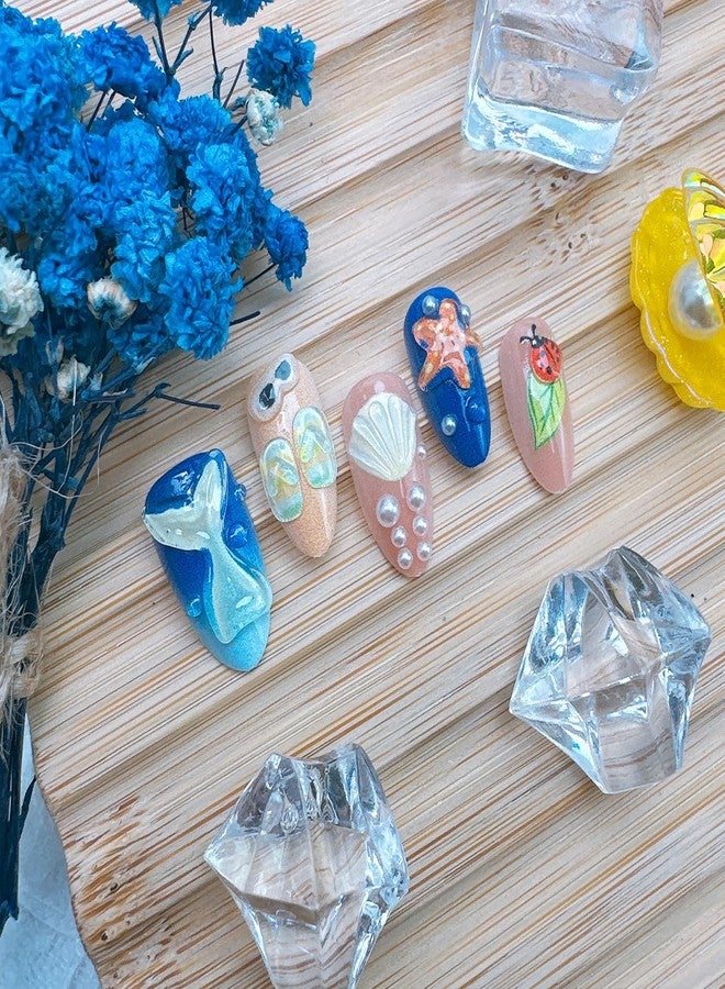 FDSQHSA 30pcs Summer Beach Press on Nails Medium Almond Fake Nails with 3D Fish Tail Coconut Trees Shell Starfish Flower Design Cute False Nails French Artificial Nails Full Cover Stick on Nails for Women - Image 5