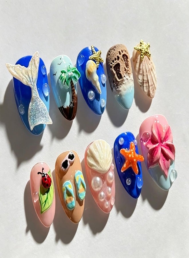 FDSQHSA 30pcs Summer Beach Press on Nails Medium Almond Fake Nails with 3D Fish Tail Coconut Trees Shell Starfish Flower Design Cute False Nails French Artificial Nails Full Cover Stick on Nails for Women - Image 1