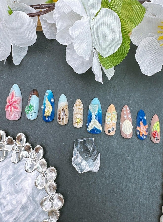 FDSQHSA 30pcs Summer Beach Press on Nails Medium Almond Fake Nails with 3D Fish Tail Coconut Trees Shell Starfish Flower Design Cute False Nails French Artificial Nails Full Cover Stick on Nails for Women - Image 4