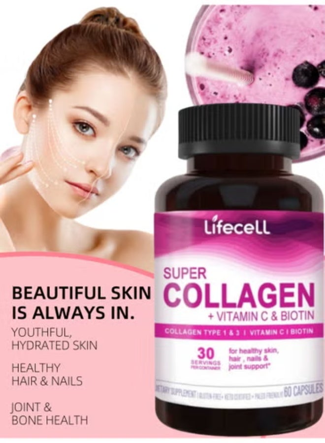 Lifecell Super Collagen Peptides + Vitamin C & Biotin – 3g Collagen Per Serving, Supports Healthy Hair, Skin & Nails, 60 Capsules - Image 1