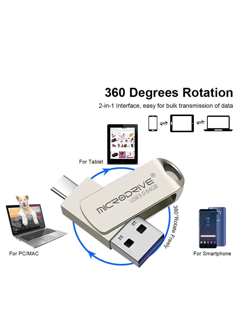 MicroDrive 64G USB3.0+Type-c Dual Interface USB Flash Drive, High-Speed Storage, 150MBps Read, 60MBps Write, 360-degree Rotating Protective Cover, Compatible with Computers, Tablets, Type-c Mobile Phones, Cars, Audio, TVs (64GB OTG) - Image 3