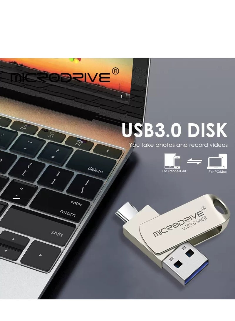 MicroDrive 64G USB3.0+Type-c Dual Interface USB Flash Drive, High-Speed Storage, 150MBps Read, 60MBps Write, 360-degree Rotating Protective Cover, Compatible with Computers, Tablets, Type-c Mobile Phones, Cars, Audio, TVs (64GB OTG) - Image 4