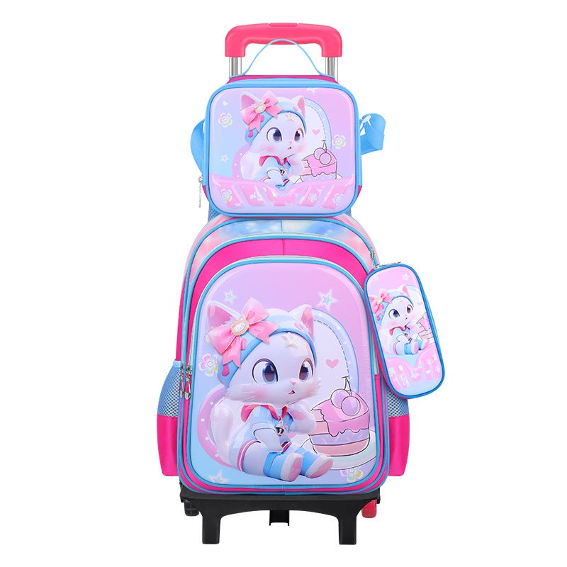 Kids Cartoon Backpack With Pencil Case Rainbow Cat-No Pull Rod 