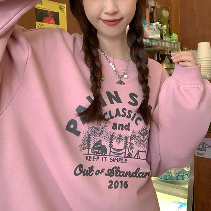 Fleece Lined Loose Sweatshirt Women Autumn Winter Crewneck Long Sleeve Top Lotus root starch 