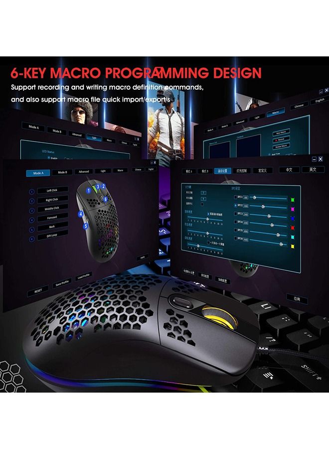 USB Wired Gaming Mouse Supports Macro Programming Honeycomb Light Macro Mouse with 7 Buttons RGB Backlight up to 8000 DPI Black
