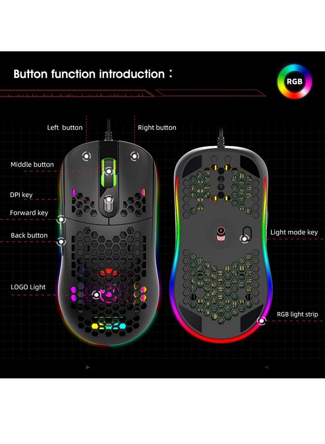 USB Wired Gaming Mouse Supports Macro Programming Honeycomb Light Macro Mouse with 7 Buttons RGB Backlight up to 8000 DPI Black