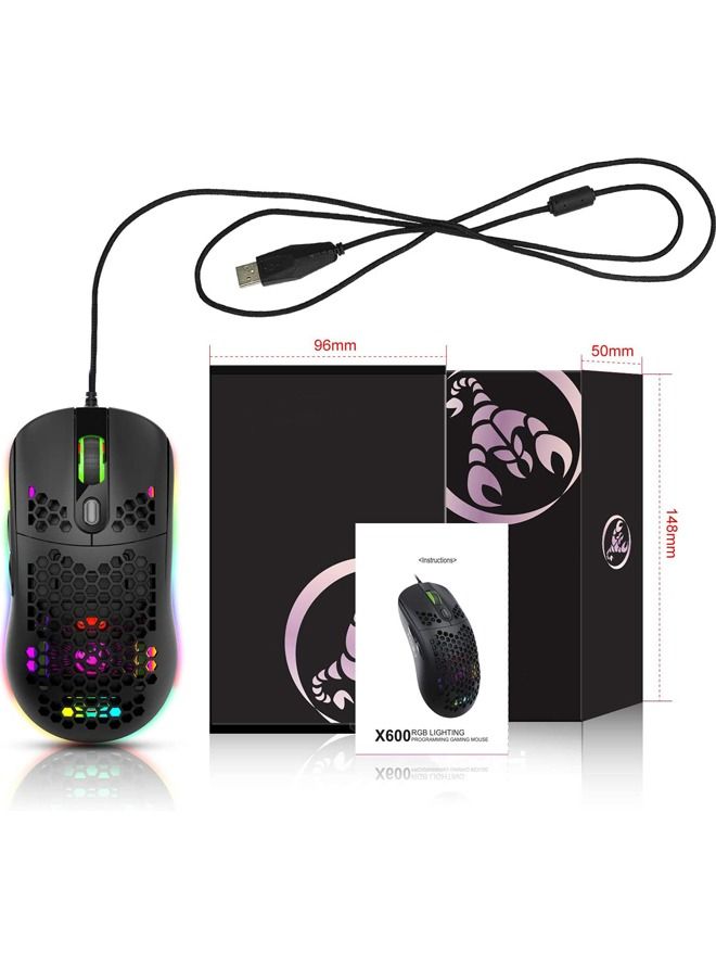 USB Wired Gaming Mouse Supports Macro Programming Honeycomb Light Macro Mouse with 7 Buttons RGB Backlight up to 8000 DPI Black