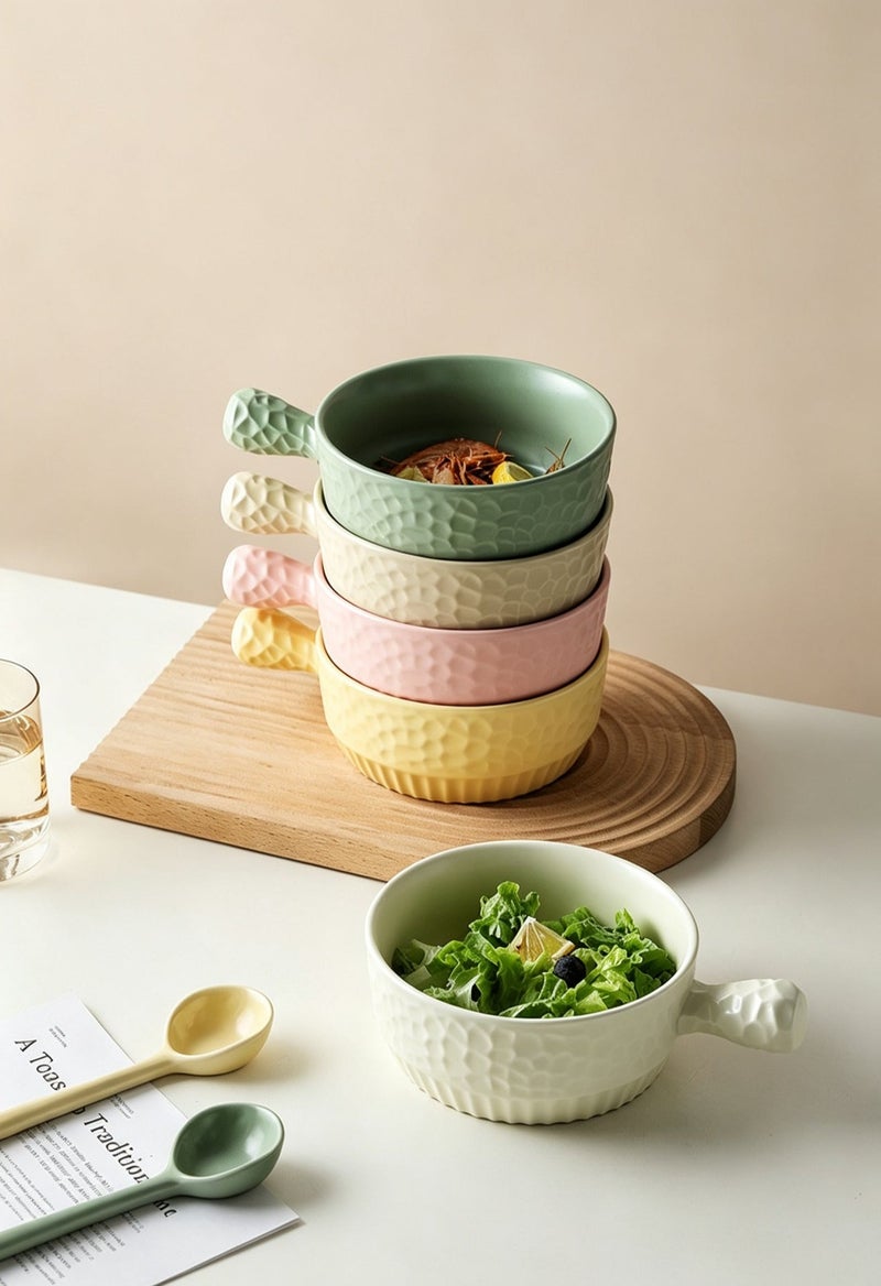 Round Ceramic Soup Bowl with Handles Porcelain Serving Bowls 22 Oz /650 ml for Pizza Soup Salad Set for 1 - Image 1