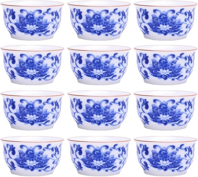 CHINESE HANDMADE KUNGFU TEA CUP 60 MLBONE CHINA BLUE AND WHITE TEA CUPS SET OF 12CERAMIC TEA MUGS WITHOUT HANDLESBEST GIFTLOTUS