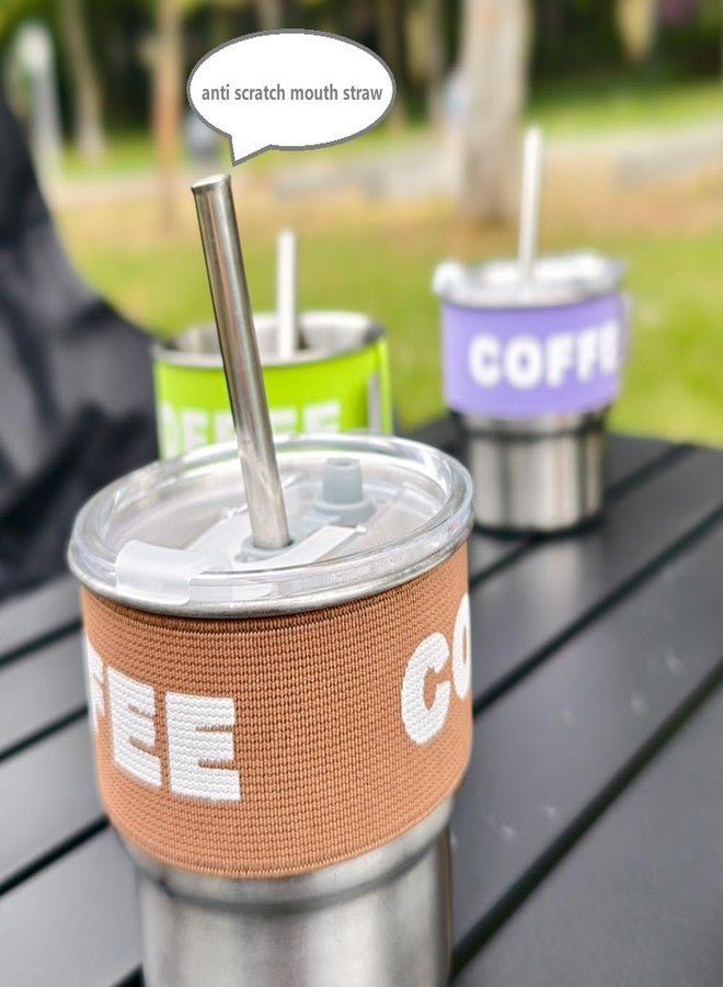 ERCRYSTO Stainless Steel Coffee Tumbler with Leak-Proof Lid - 13.5oz Portable Cup with Reusable Straw, Nylon Grip Band & Brush, Multi-Use Lid for Sipping or Straw (Brown) - Image 3