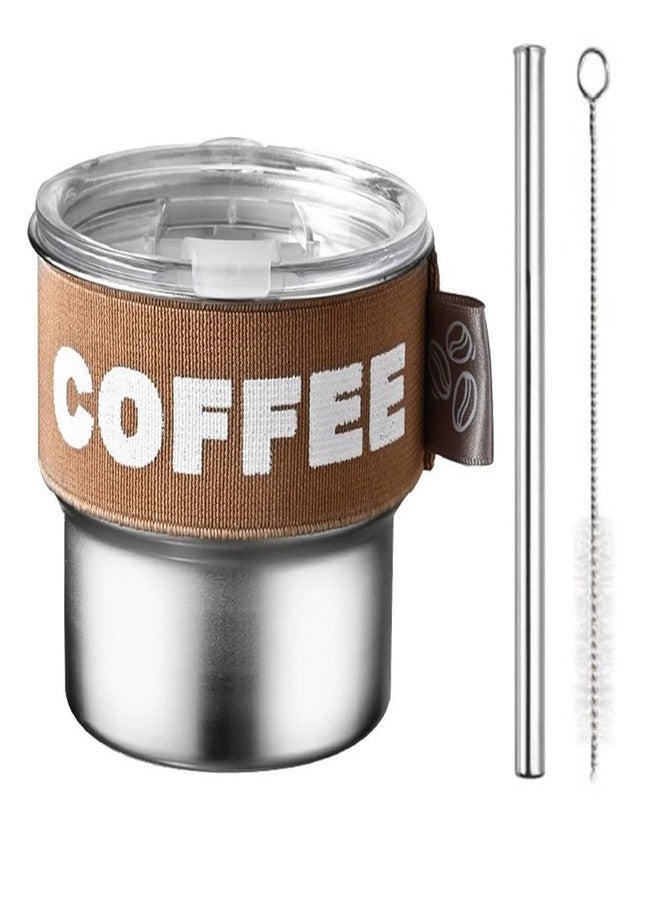 ERCRYSTO Stainless Steel Coffee Tumbler with Leak-Proof Lid - 13.5oz Portable Cup with Reusable Straw, Nylon Grip Band & Brush, Multi-Use Lid for Sipping or Straw (Brown) - Image 1