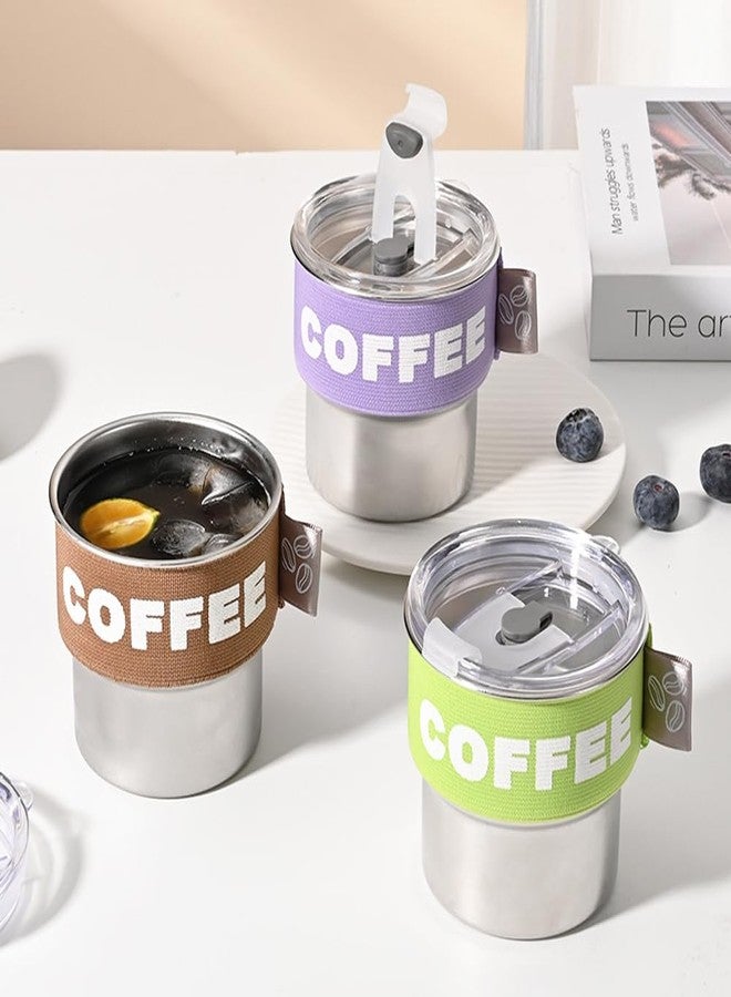 ERCRYSTO Stainless Steel Coffee Tumbler with Leak-Proof Lid - 13.5oz Portable Cup with Reusable Straw, Nylon Grip Band & Brush, Multi-Use Lid for Sipping or Straw (Brown) - Image 4