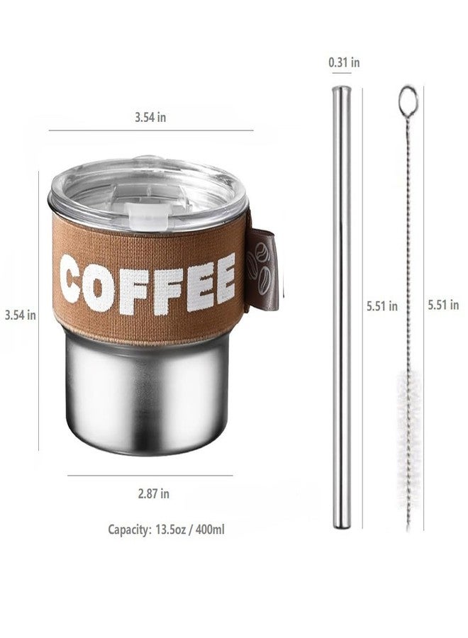 ERCRYSTO Stainless Steel Coffee Tumbler with Leak-Proof Lid - 13.5oz Portable Cup with Reusable Straw, Nylon Grip Band & Brush, Multi-Use Lid for Sipping or Straw (Brown) - Image 2