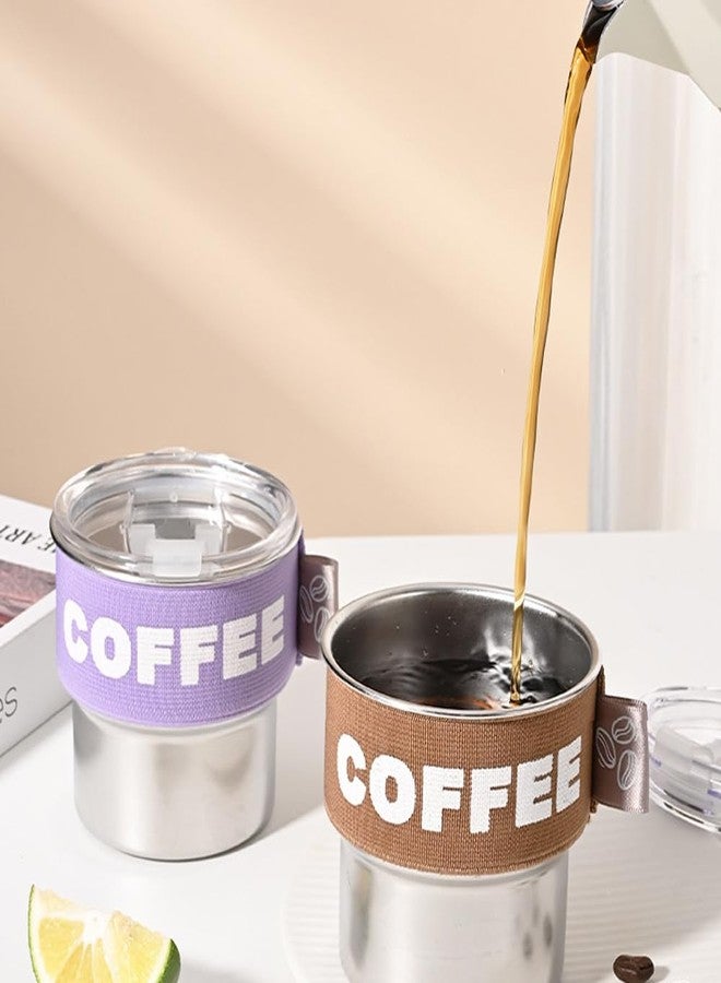 ERCRYSTO Stainless Steel Coffee Tumbler with Leak-Proof Lid - 13.5oz Portable Cup with Reusable Straw, Nylon Grip Band & Brush, Multi-Use Lid for Sipping or Straw (Brown) - Image 5