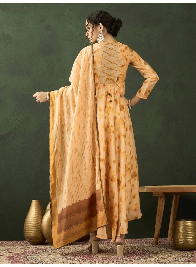 AKS Mustard Tie & Dye Maxi Dress with dupatta