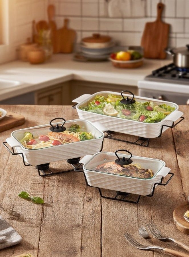 دوف طقم دفايات طعام مستطيلة من البورسلان بثلاث قطع مع حامل شمع وغطاء زجاجي – أبيض/أسود، مقاسات 10 + 12 + 14.5 بوصة - Image 1