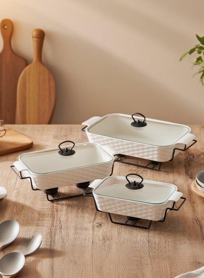 دوف طقم دفايات طعام مستطيلة من البورسلان بثلاث قطع مع حامل شمع وغطاء زجاجي – أبيض/أسود، مقاسات 10 + 12 + 14.5 بوصة - Image 2