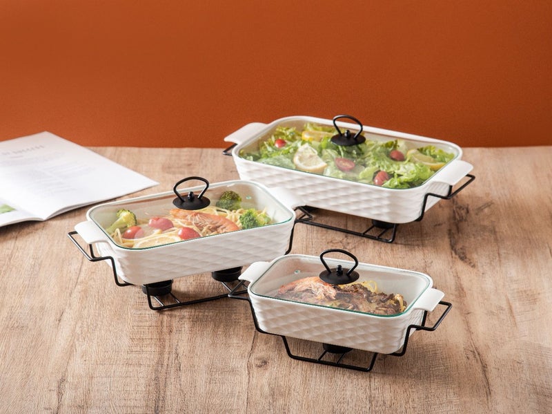 دوف طقم دفايات طعام مستطيلة من البورسلان بثلاث قطع مع حامل شمع وغطاء زجاجي – أبيض/أسود، مقاسات 10 + 12 + 14.5 بوصة - Image 3