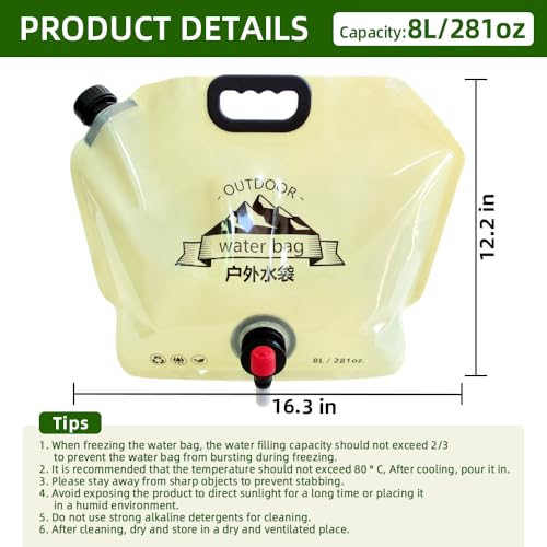 RENEWPOK Collapsible Water Container Bag with Spigot Outdoor Water Container BPA Free Food Grade Water Jug Folding Water Storage Bag for Camping Hiking Survival Kit Sport 8L21Gallon Green - Image 3