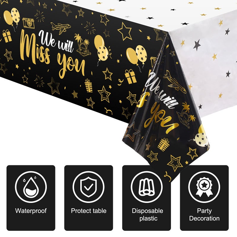 Tatuo 3 Pieces We Will Miss You Tablecloth Going Away Party Decorations Retirement Themed Table Cover Stars Disposable Plastic Table Cloth for Farewell Anniversary Party Supplies (Gold) - Image 3