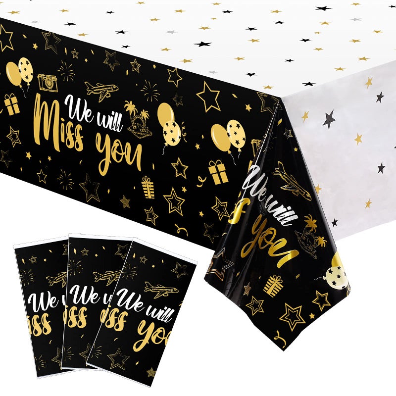 Tatuo 3 Pieces We Will Miss You Tablecloth Going Away Party Decorations Retirement Themed Table Cover Stars Disposable Plastic Table Cloth for Farewell Anniversary Party Supplies (Gold) - Image 1